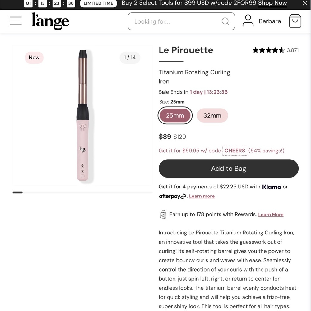 L'ange Le Pirouette Titanium Curling Iron - Light Pink